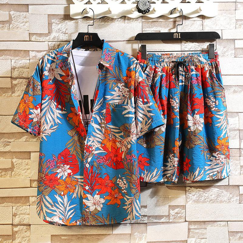 Erkek Set Kısa Kollu Hawaii Gömlek ve Şort Yaz Rahat Çiçek Gömlek Plaj Iki Parçalı Takım Elbise Moda Erkek Setleri