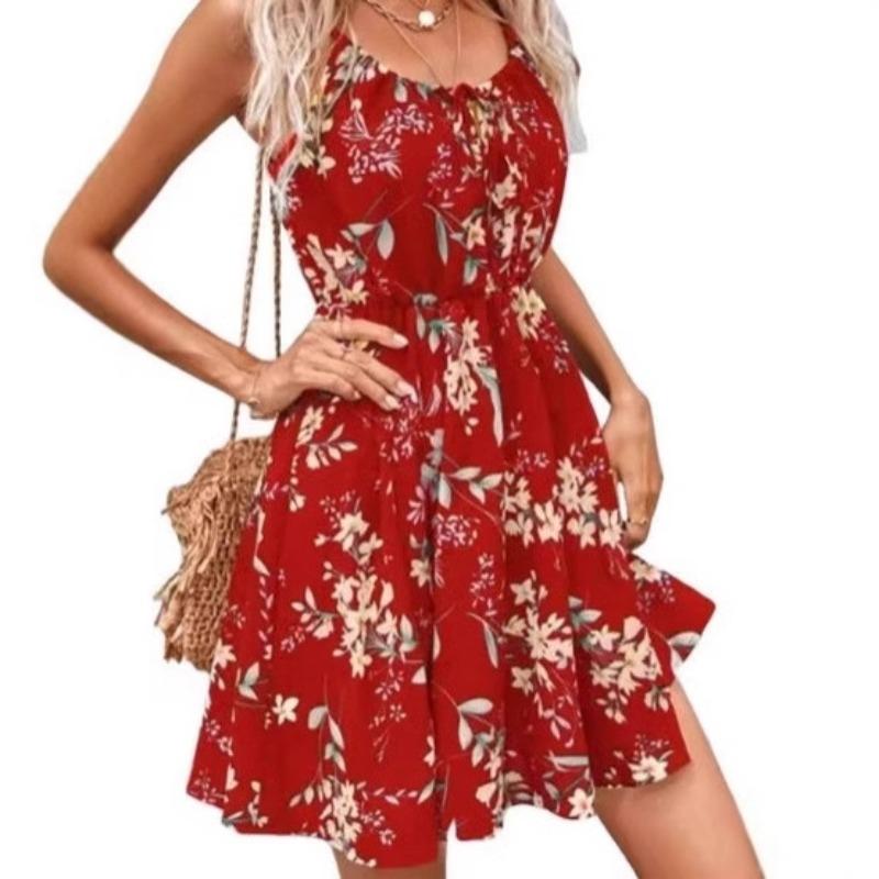 Women Dress Elegant Sleeveless Pullover Stitching Elastic Waist Sling Women's Dress