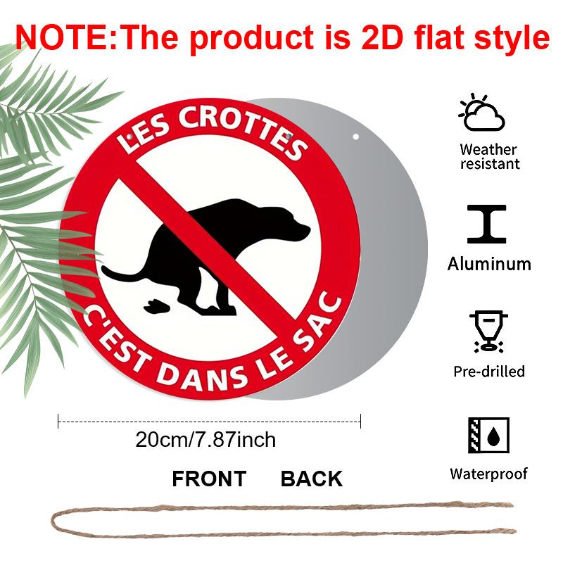 2D Flat Aluminum Rustic French Dog Poop Round Metal Sign, "Les Crottes C'est Dans Le Sac", Pre-Drilled Holes for Easy Hanging, Gifts for Teens Uncle