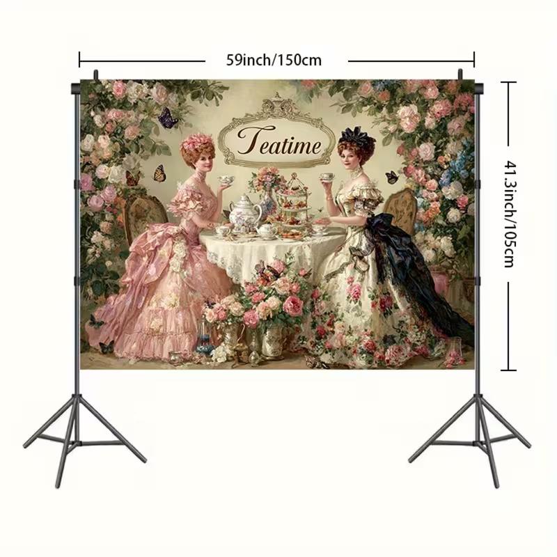 2D Classic Tea Party Backdrop, Rococo Style & Butterfly Photography Background