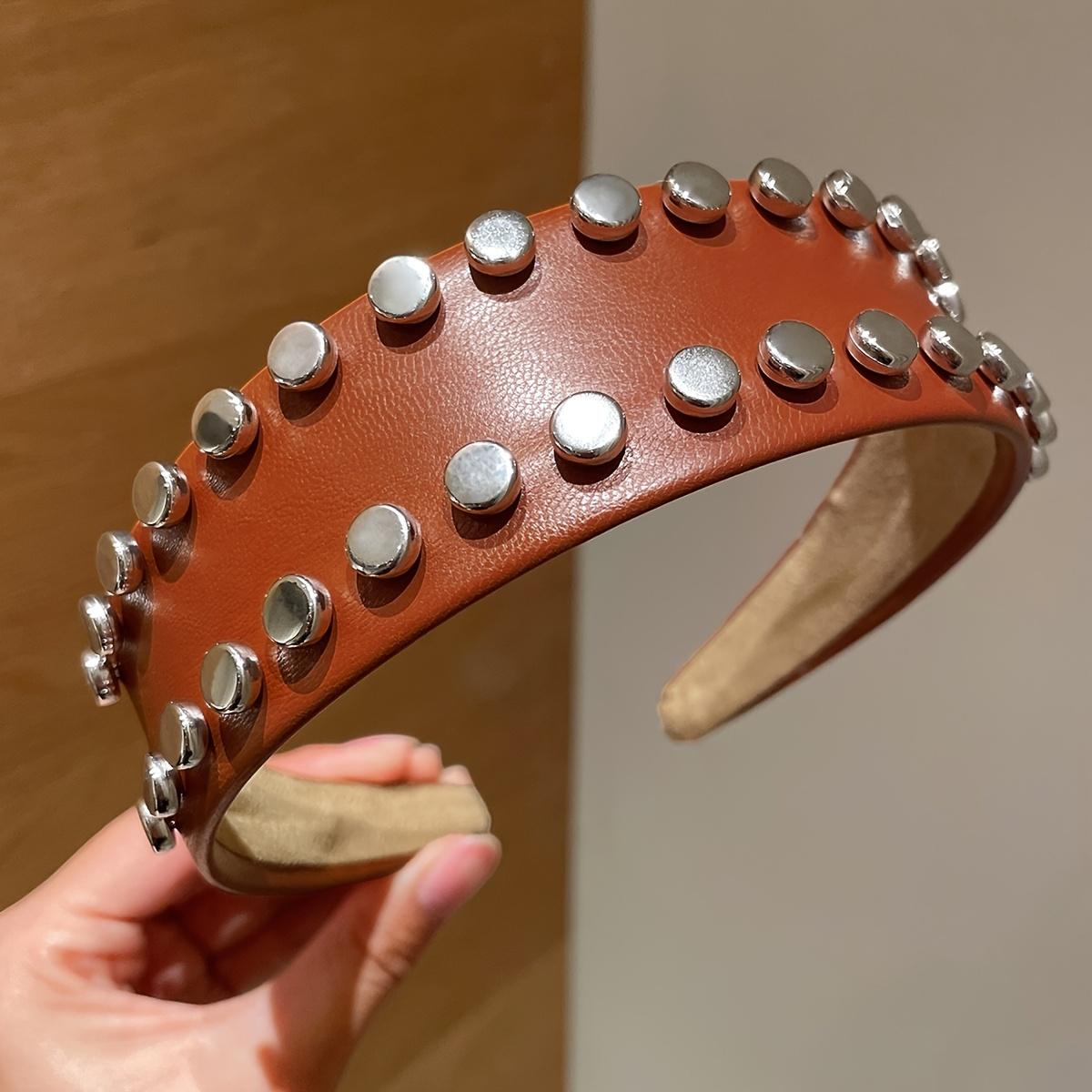 

1Pc Women S Fashionable High-End Large Rivet Leather Wide-Brimmed High-Crown Headband, Suitable For Everyday Casual Wear, Versatile For Concealing C style-1PC