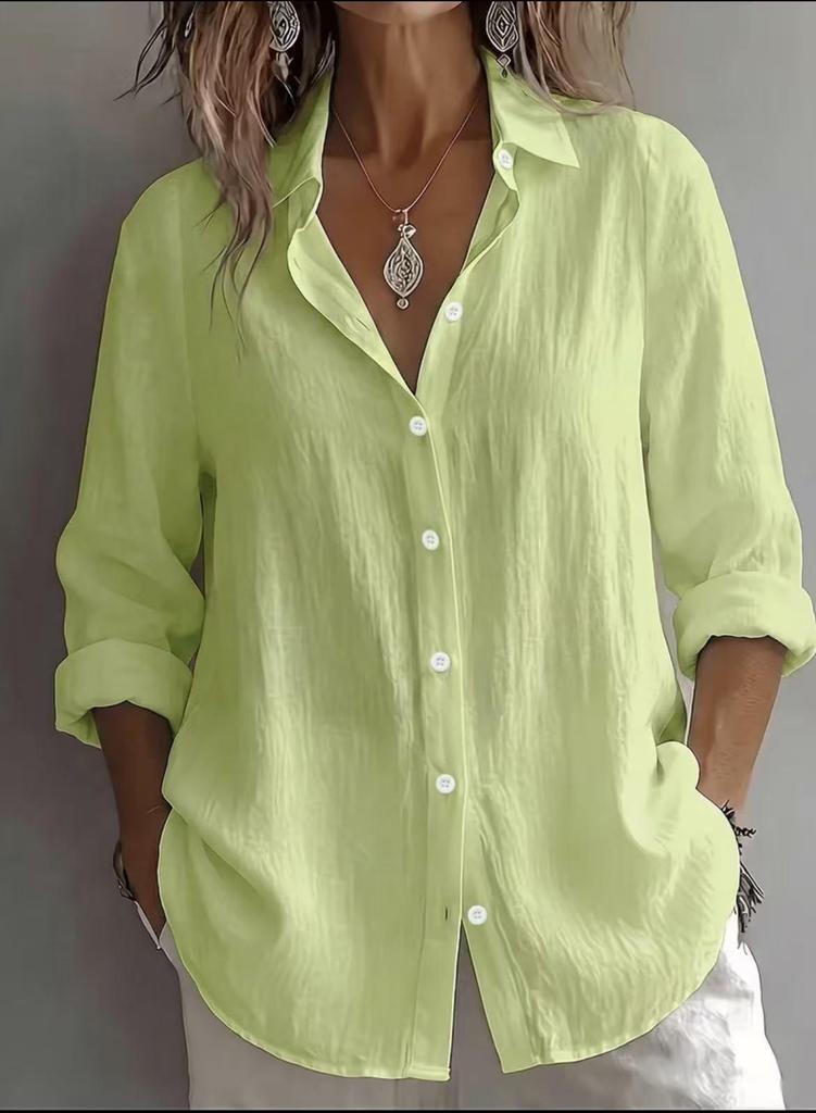 2026 European & American Women's Linen Casual Lapel Shirt - Solid Color, Long Sleeve, Spring Collection