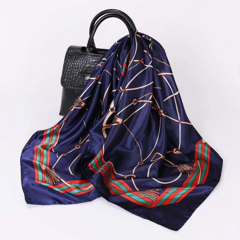 Versatile chain 90cm silk scarf square scarf high-end women's shawl retro printing satin bag headscarf