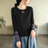 Maglia Girocollo in Cotone Stile Etnico Ricamata a Maniche Lunghe T-shirt da Donna Autunnale Sottogiacca