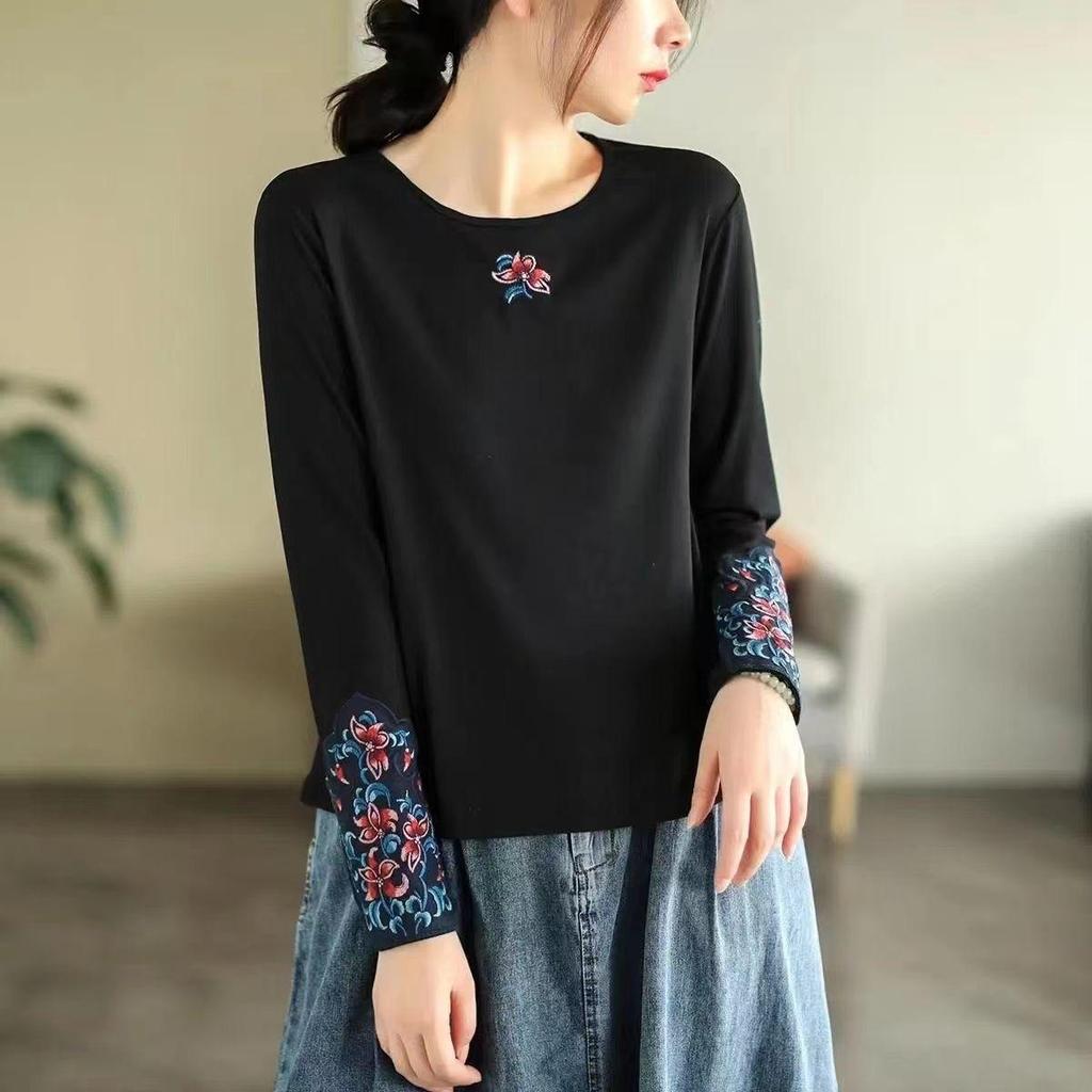 Maglia Girocollo in Cotone Stile Etnico Ricamata a Maniche Lunghe T-shirt da Donna Autunnale Sottogiacca
