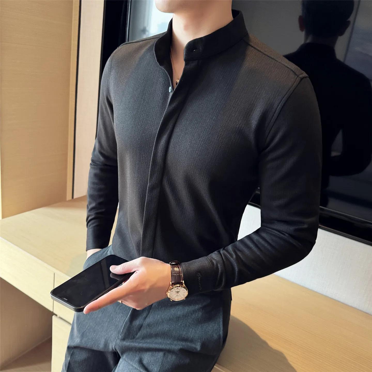 Осенняя Зимняя Мужская Высококачественная Плотная Рубашка Smart Casual Однотонная Теплая С Воротником-стойкой Длинный Рукав Модная Шерстяная Рубашка Мужская 4XL