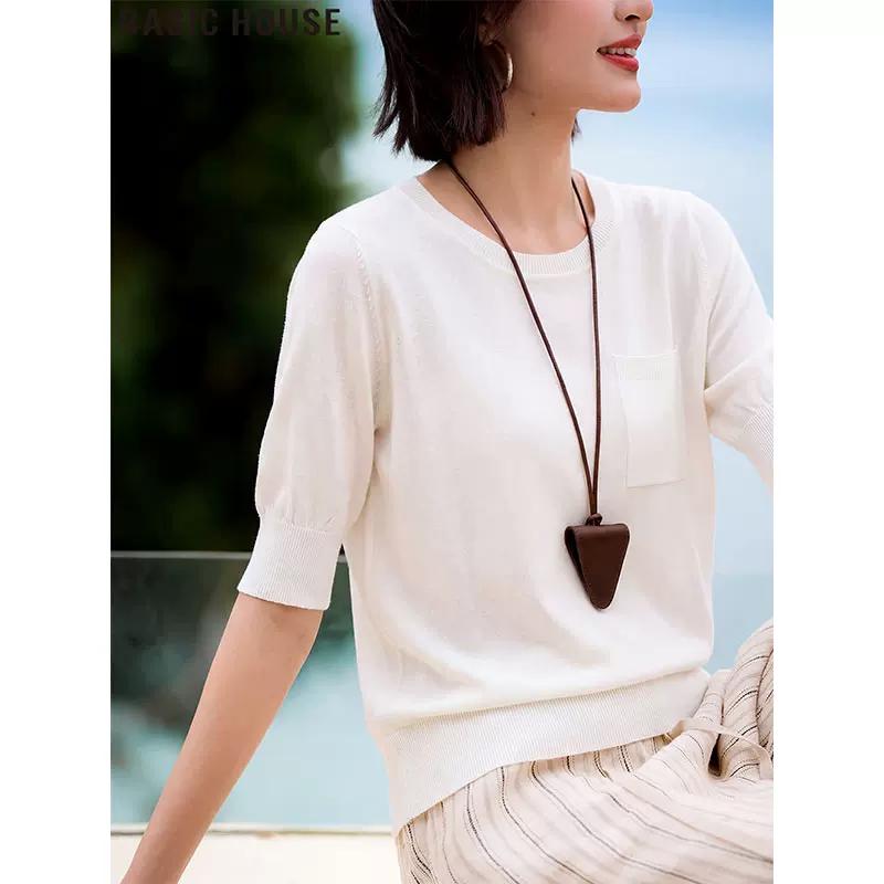 Basic House Women s White Knitted Short Sleeve Silk Blend T-shirt M