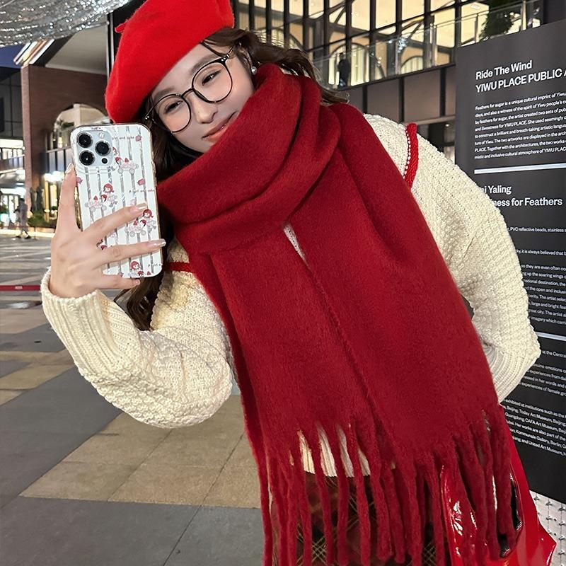 Ankola Red Mohair Solid Color Scarf Women's Winter High-end Sense Atmosphere Shawl for Boyfriend and Girlfriend