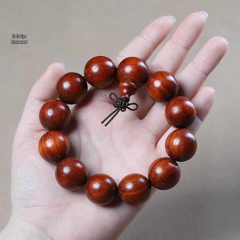 Men's Small-Leaf Red Sandalwood & Green Sandalwood Bracelet with Yellow Rosewood and Ebony Buddhist Beads 2.0".