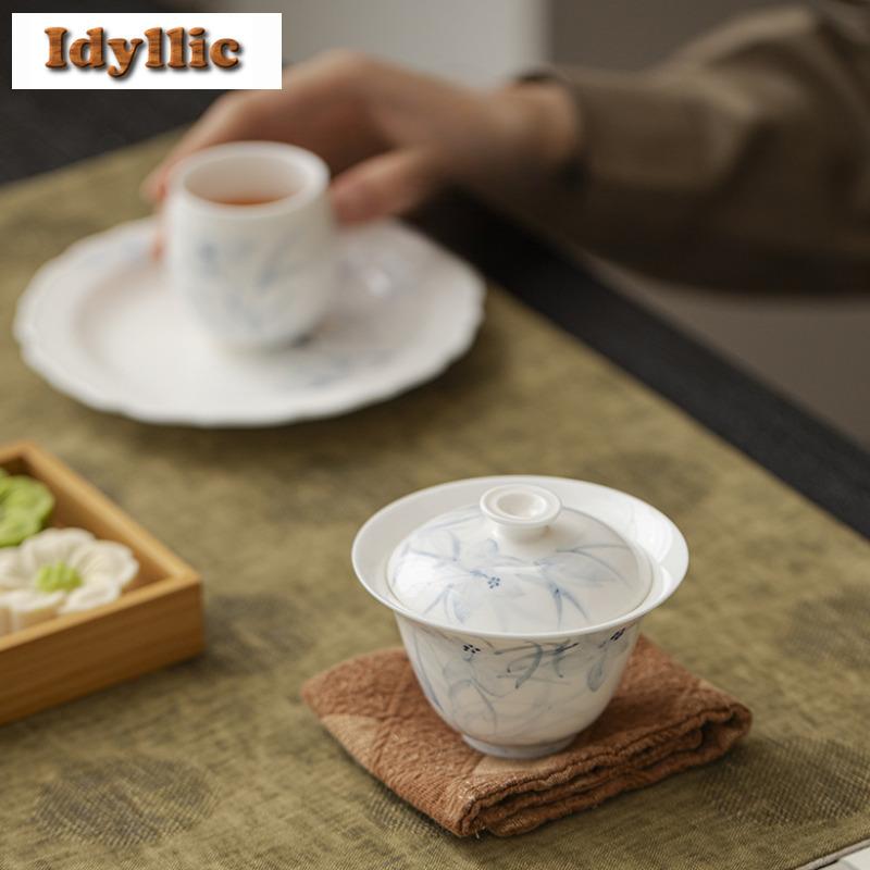 120ml Hand-painted Blue And White Gaiwan Vintage Tea Tureen Household Tea Bowl With Lid Kit Tea Maker Cover Bowl Tableware Gift