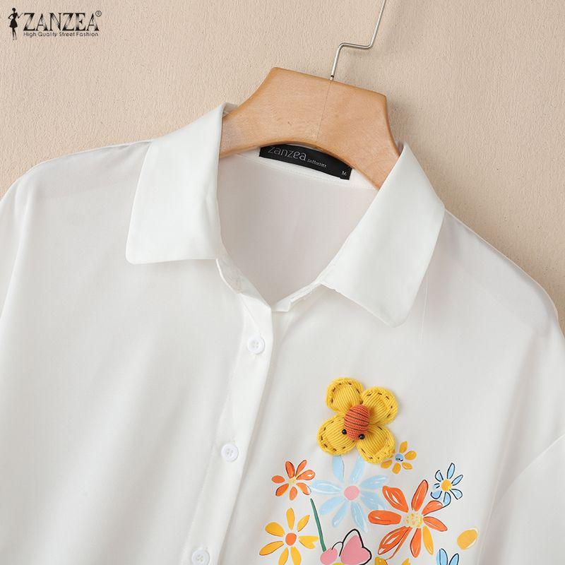 ZANZEA Women Casual Turn Down Collar Loose Floral Print Half Sleeve Blouse