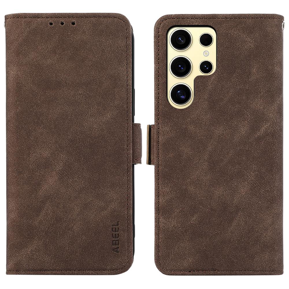 

ABEEL For Samsung Galaxy S25 Ultra Case PU Leather Folio Stand View RFID Blocking Phone Cover Brown
