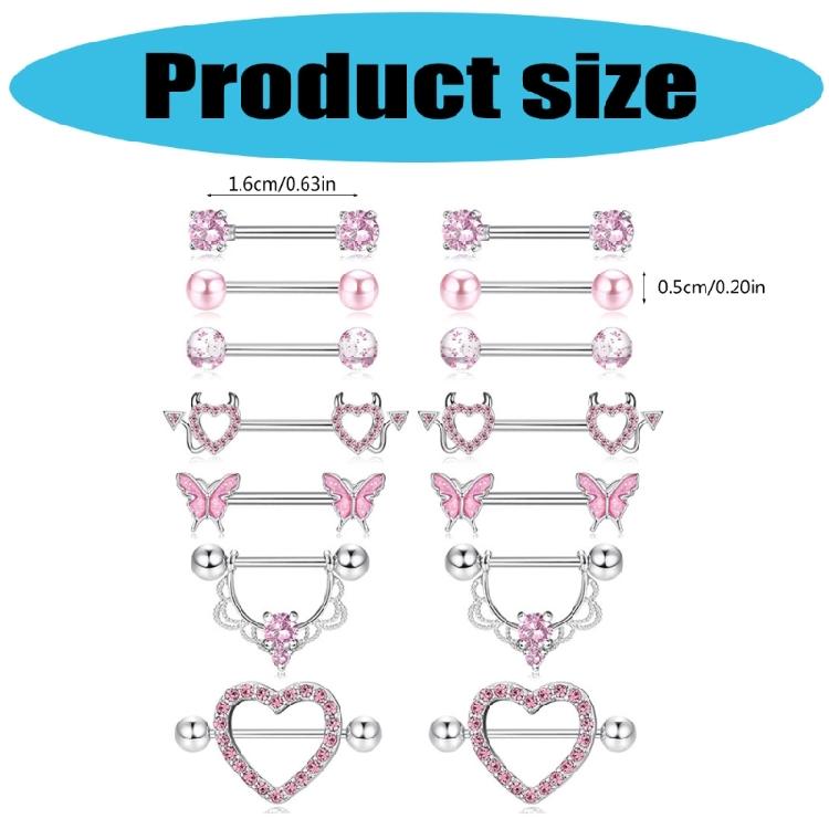 Dazzling Nipple Piercings in Silver Pink Tone with Heart and Moon Designs Creative Nipple Rings Accessory for Parties