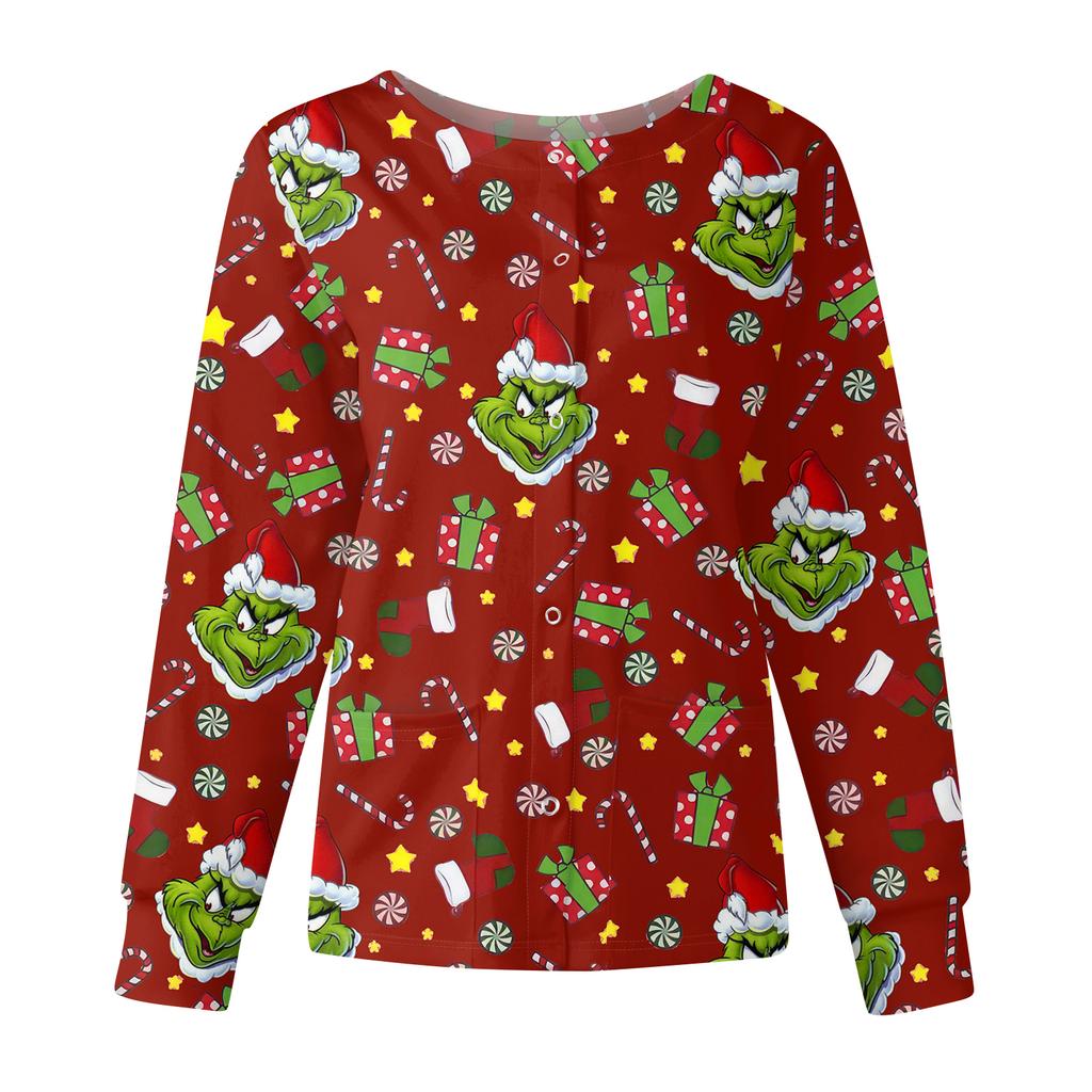 Women's Casual Fashion Long Sleeve Standing Collar Single Breasted Christmas Print Workwear Jacket Tops