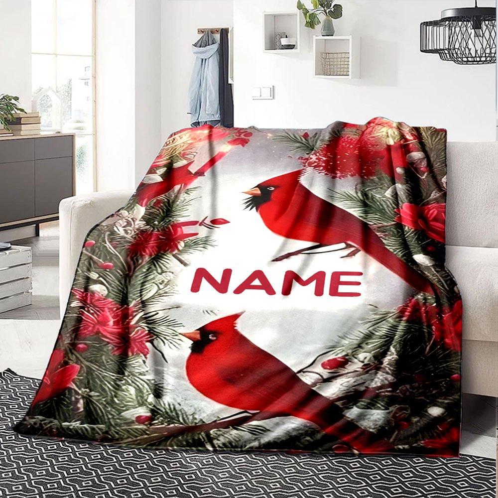 Cardinals Amidst Festive Red Flowers And Greenery With A Snowy Backdrop Multi Purpose Customizable Blanket Customize Your Name Soft Warm Cozy Throw
