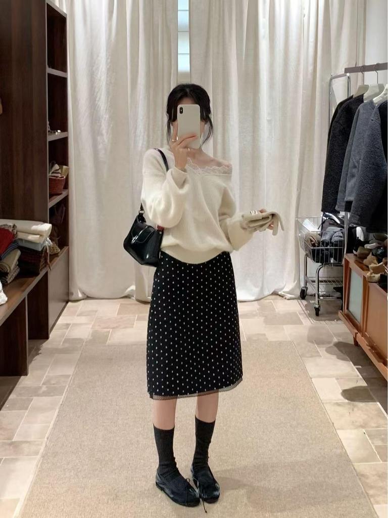 Korean Dongdaemun Autumn/Winter Polka Dot Lace Trim Wool Mid-Length Skirt