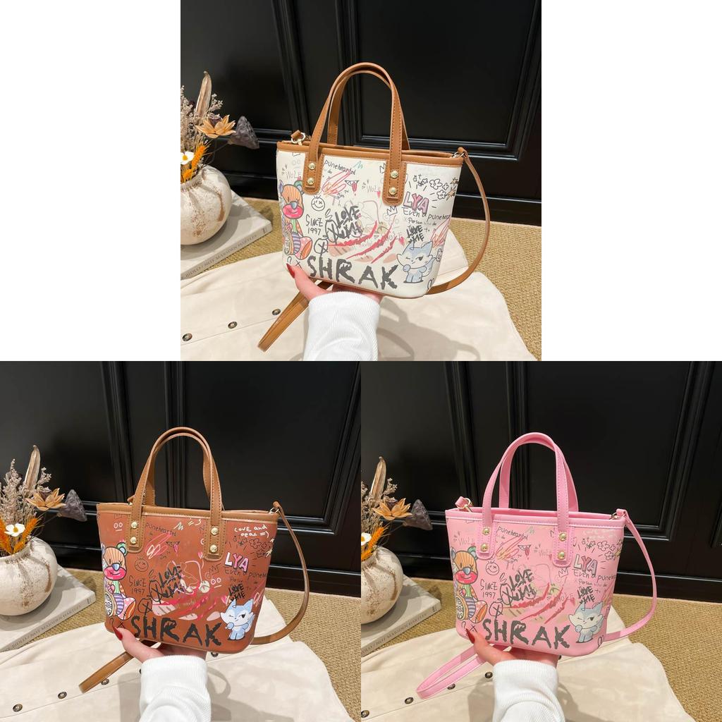 Große Eimer-Tasche aus PU für Damen mit Cartoon-Graffiti-Design, lässiger Streetstyle