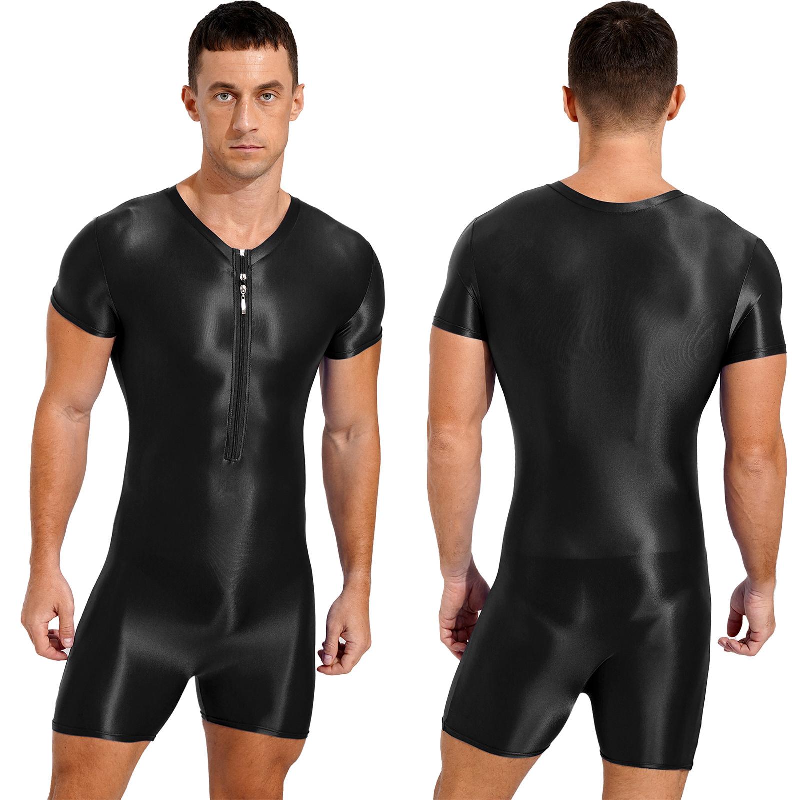 

Чоловічий комбінезон на блискавці з коротким рукавом, суцільне боді з круглим вирізом, купальний костюм для плавання, бодібілдингу M чорний