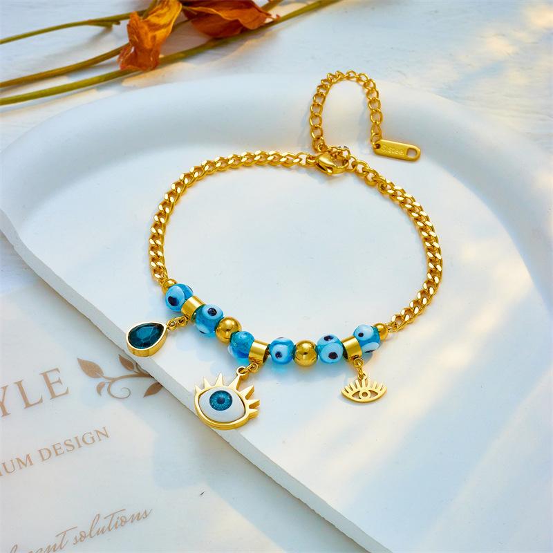 Gold Plated Stainless Steel Evil Eye Charm Bracelet For Women