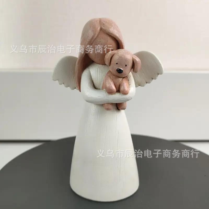 Imitation wood carving angel dog holding resin ornament office bedroom three-dimensional creative decoration crafts