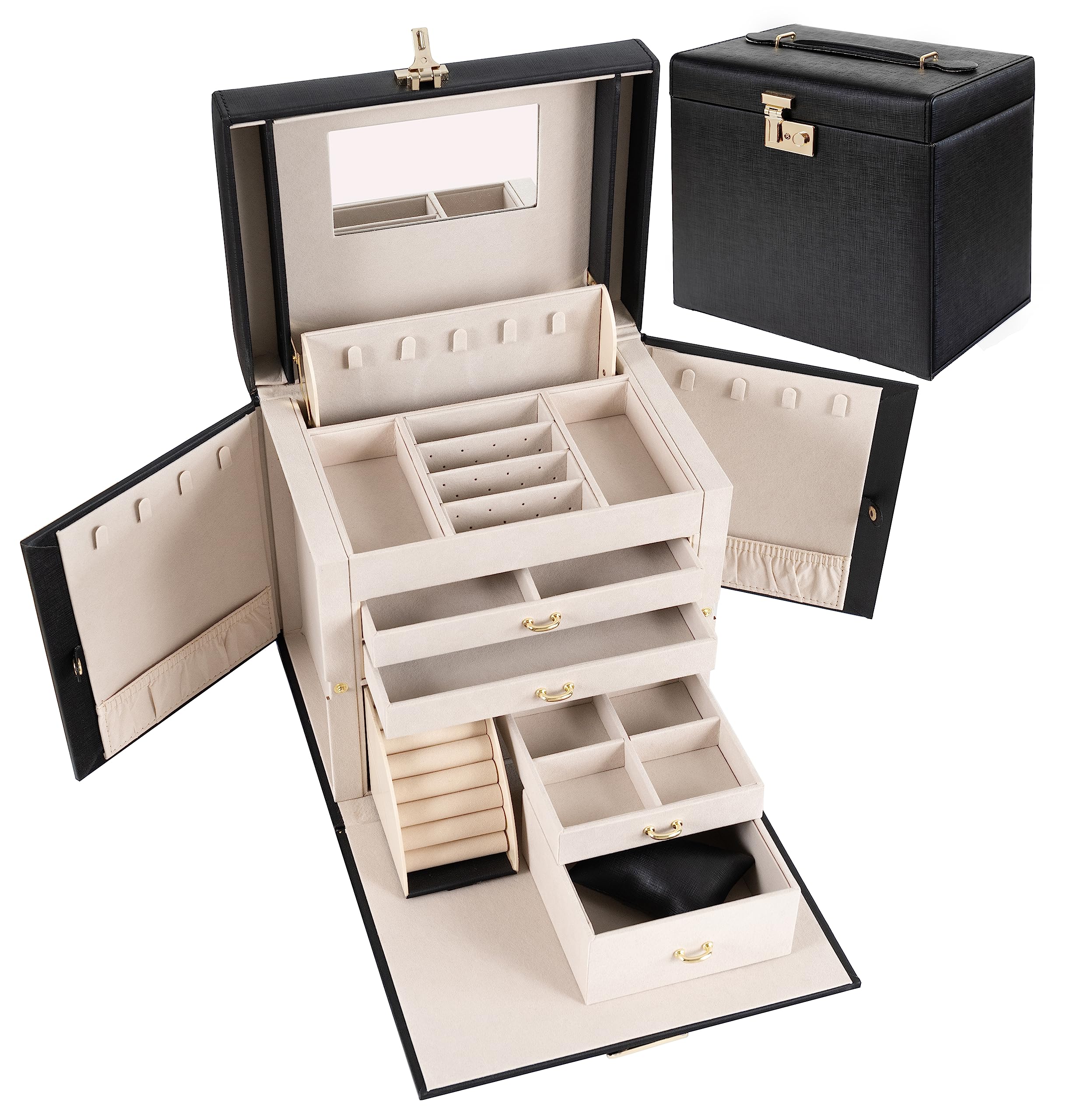 

SANSREPONSE Jewelry Complete Set of 3 Large Luxurious Accessory Accessory Accessory Jewelry Box with Ring Holder Box, Items, Capacity, Case, Storage, чорний