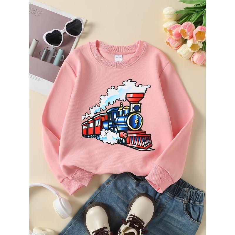 Steam Train Cartoon Engine Unisex Crew Neck Fashion Sweatshirt, Autumn and Winter Western Style Top, Children's Long Sleeved T-shirt