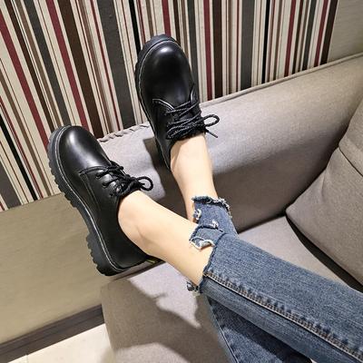 Autumn New Small Leather Shoes Women's Middle Heel Thick Heel Solid Color Casual Shoes Black Round Head Lace-up Shoes