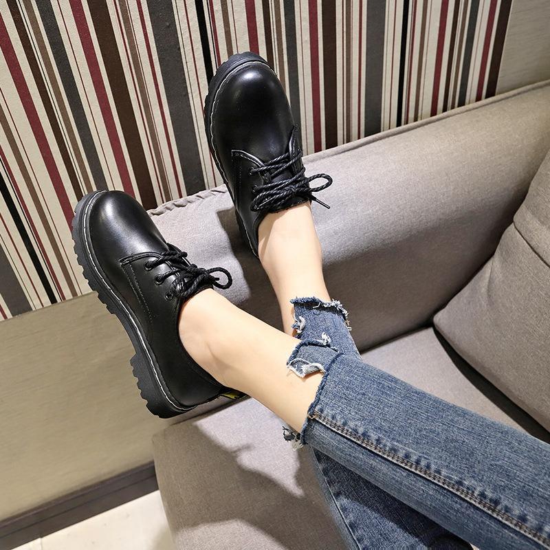 Autumn new small leather shoes women's middle heel thick heel solid color casual shoes black round head lace-up shoes