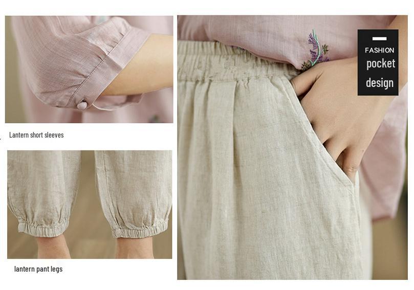 Women's V-Neck Cotton & Linen Embroidered Shirt with 5-Point Sleeves - New Chinese Style, Loose Fit, Versatile for Summer.
