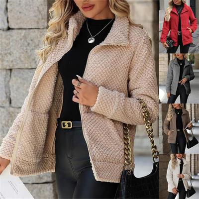 Women's Solid Color Teddy Fleece Zip Jacket Stand Collar Warm Coat
