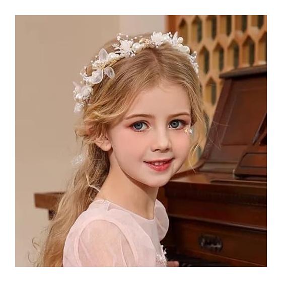 YFFSFDC Flower Hairband with Pearls and Ribbons, Bridal Wedding Hair Accessories for Ceremonies, Photoshoots, Girls - Adjustable, Flexible,