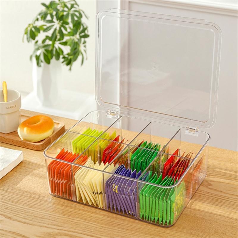 Acrylic Teas Bag Organizer with Lid for Drawer Clear Coffee Storage Box with Multiple Compartments Snacks Holder