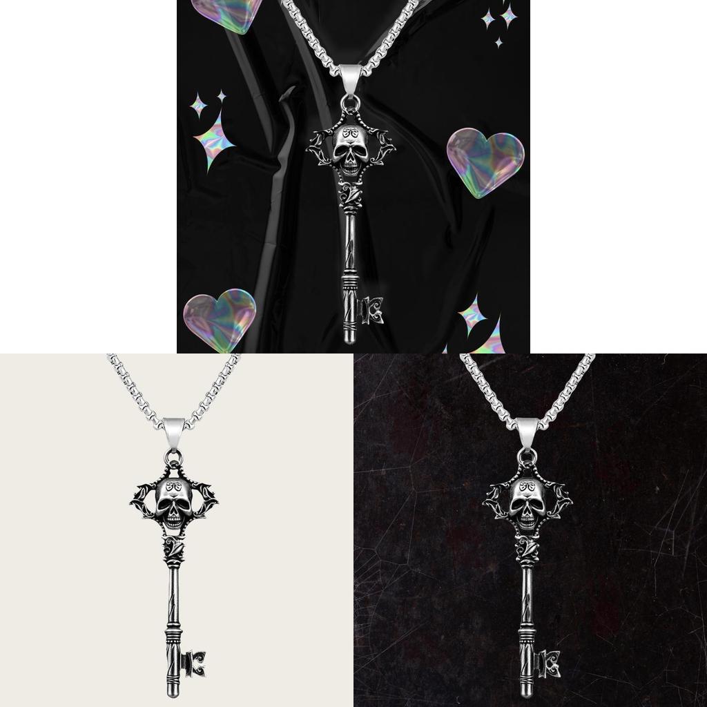 Gothic Vintage Silver Skull Key Necklace With Stainless Steel Chain For Women