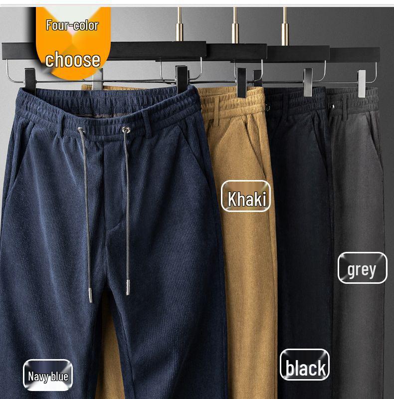Romon Men's Fleece-Lined Corduroy Pants, Thickened Elastic Waist, Autumn/Winter Warm Casual Style.