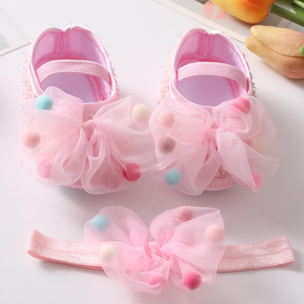 Wwo-piece Set Baby Girls Glitter Star Tulle Bow Crib Shoes & Matching Elastic Headband Set, Soft Dot Anti-Slip Sole Mary Jane Princess Shoes