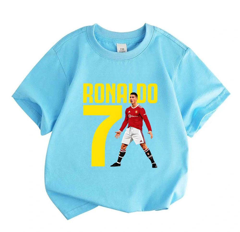 Boys Girls 100% Cotton Crew Neck Short Sleeve T-Shirt, Classic Football Star No.7 Ronaldo Printed Casual Soft Breathable Tee for Kids Daily Wear Sport