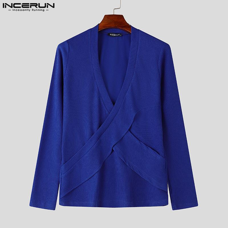 INCERUN Men V Neck Front Cross Long Sleeve Fitted Tops Knitted Rib Undershirts
