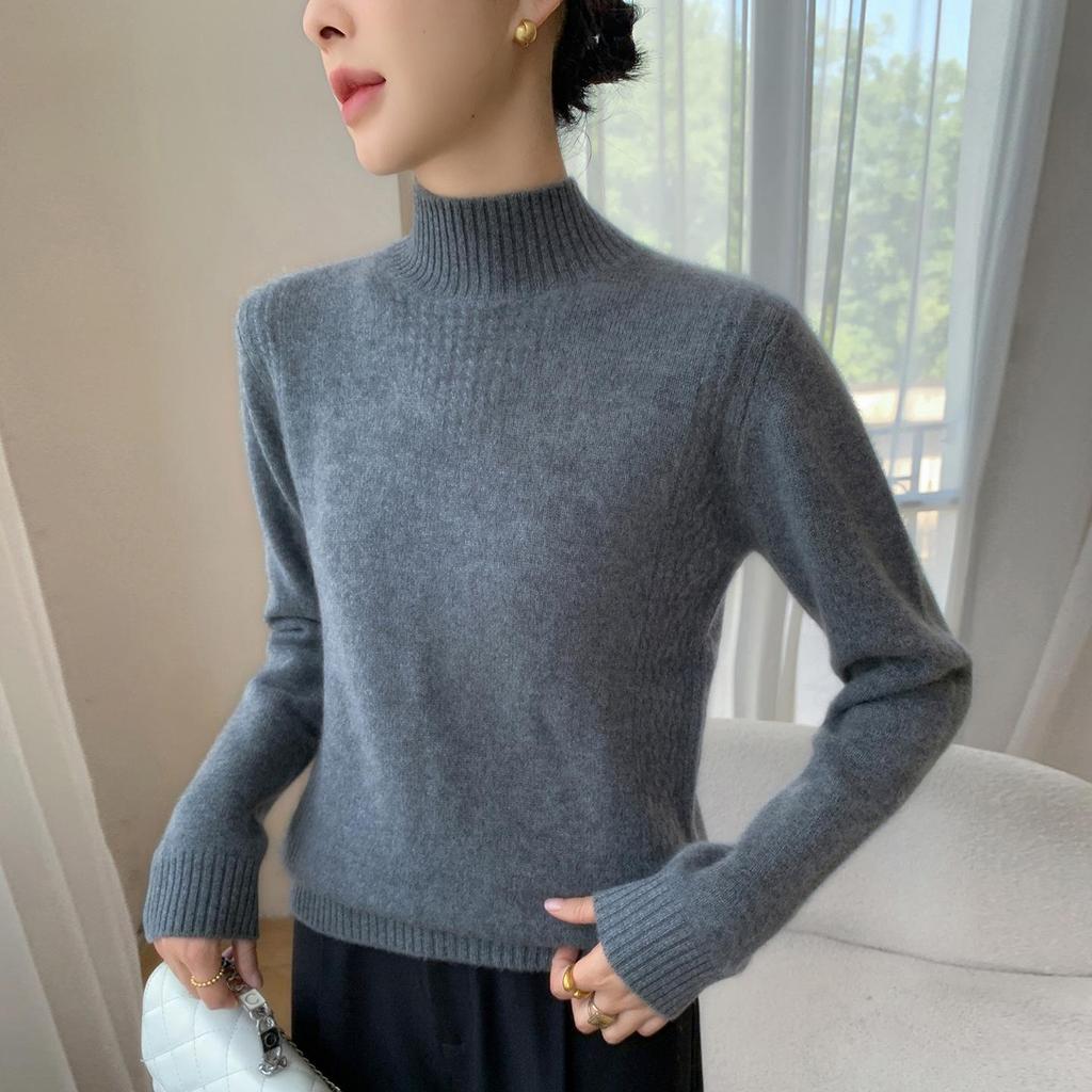 Women's Autumn-Winter Cashmere Jacquard Sweater - Half-High Neck, Loose, Slimming Knit Top
