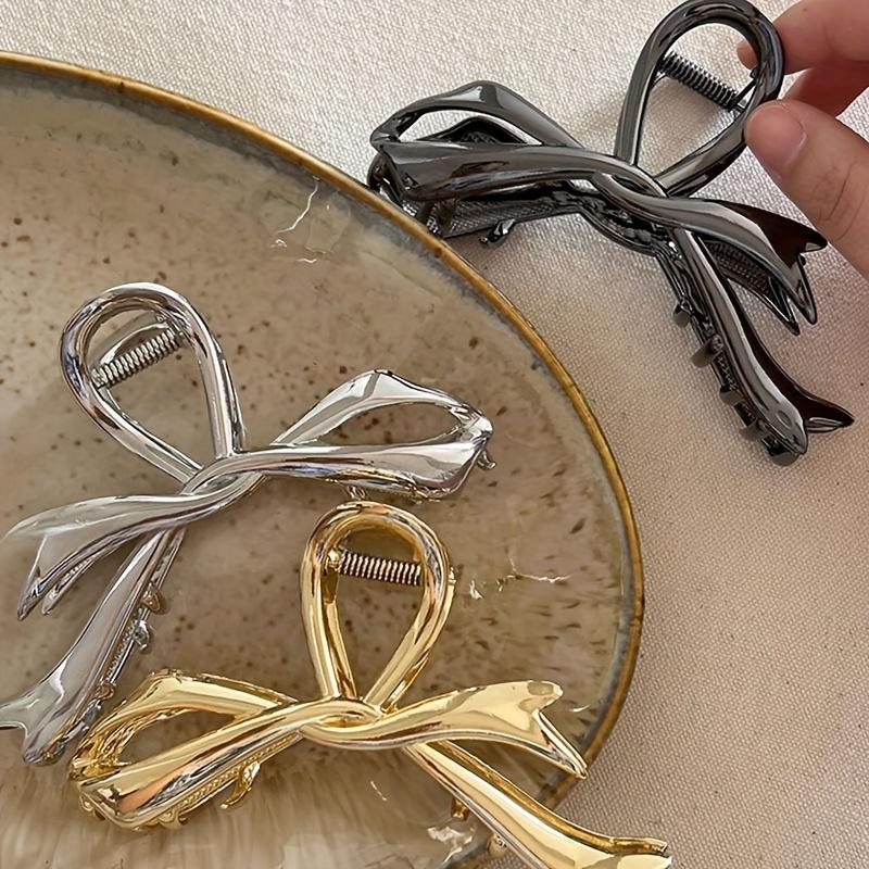 Sladká kovová mašle s klipem, protiskluzový klip "žralok", elegantní klip na culík, módní vlasový doplněk