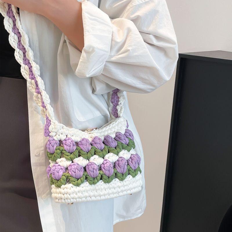 

Новая сумка ручной работы «Тюльпан», готовый набор материалов для DIY, самодельное вязание крючком, подарок для девушки, сумка-мессенджер Finished product rice White purple fruit Green
