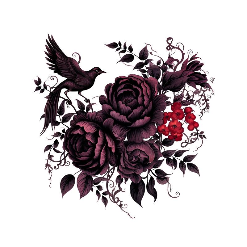 Purple Black Peony Flower Bird Wall Sticker Self Adhesive Removable Decal for Bedroom Living Room Home Decor Vinyl Art Mural