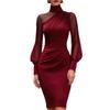 2026 Dámské síťované šaty s vysokým límcem a nabíranými lucernovými rukávy, přiléhavé bodycon midi, na večerní párty, elegantní příležitost
