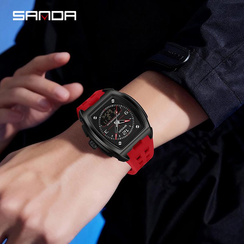 Sanda Men's Multifunctional Dual Display Sport Watch with Trendy Style and Three Time Zones.