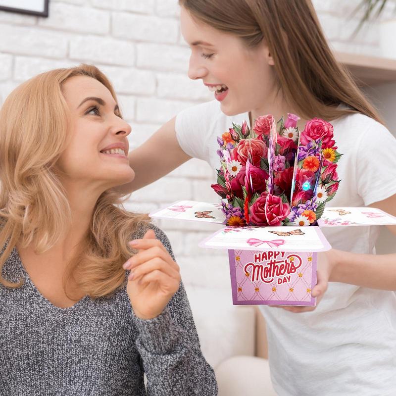 Flower Bouquet Birthday Cards 3D Greeting Pop Up Mothers Day Flower Cards Thank You Paper With Lights And Music Blank Note Card