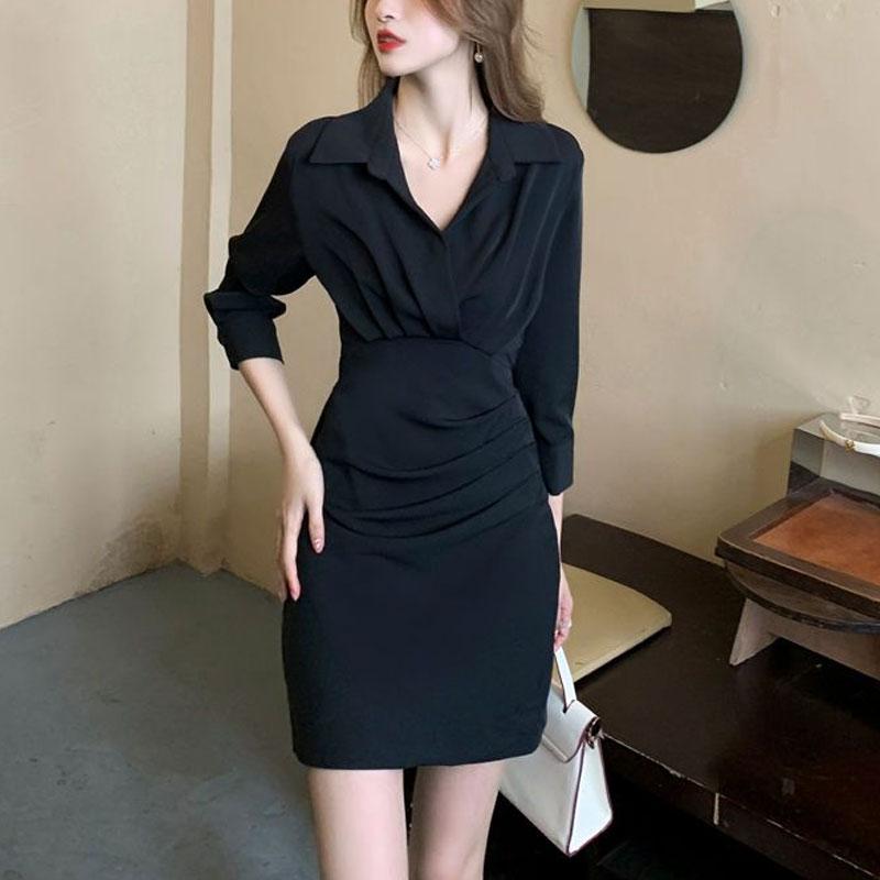 

Французский стиль Сумка Платья по бедрам Весенне-осенняя мода Складки Женская одежда Аура Однотонный Повседневный Отложной воротник Мини-платье XL