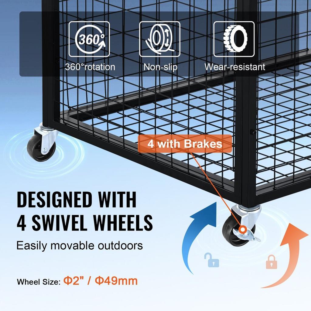 Rolling Sports Ball Storage Cart, Lockable Basketball Cage with Double Lids, Sport Equipment Holder Organizer for Indoor Outdoor, Steel Storage Rack