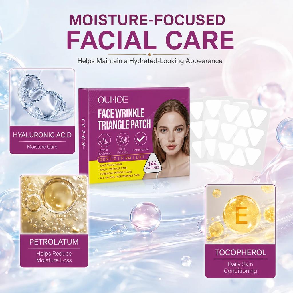 144Pcs Face Wrinkle Triangle Patches Anti Aging Facial Stickers Forehead Smile Line Care Hydrating Skin Patch for Women Home Use