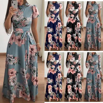 Sommer Langes Kleid Blumendruck Elegantes Kleid Tunika Maxikleid Damen Abend Partykleid Sonnenkleid
