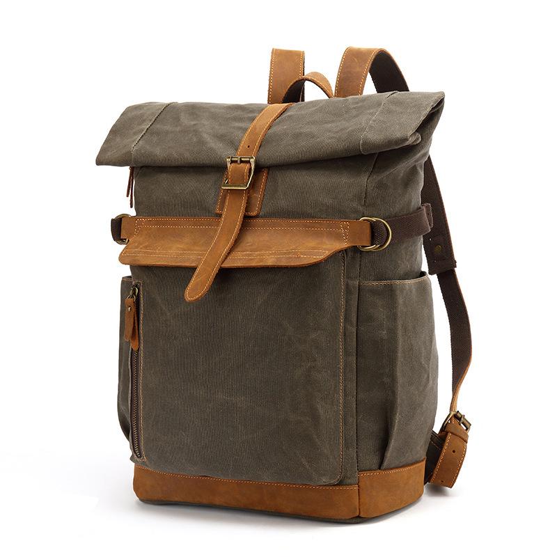 Men's Crazy Horse Leather Travel Backpack and Shoulder Bag with Waxed Canvas Laptop Compartment