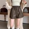 Women's High Waist PU Leather Shorts - Autumn 2024, Mylar Style, Slimming Drawstring, Versatile Wide-Leg Casual Wear